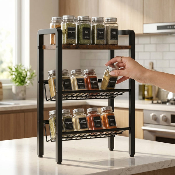 Spice Rack Organizer - 3-Tier Countertop & Cabinet Shelf Storage