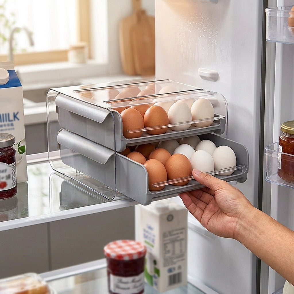 Stackable Egg Storage Box - 32-Grid Fridge Organizer (2-Tier)