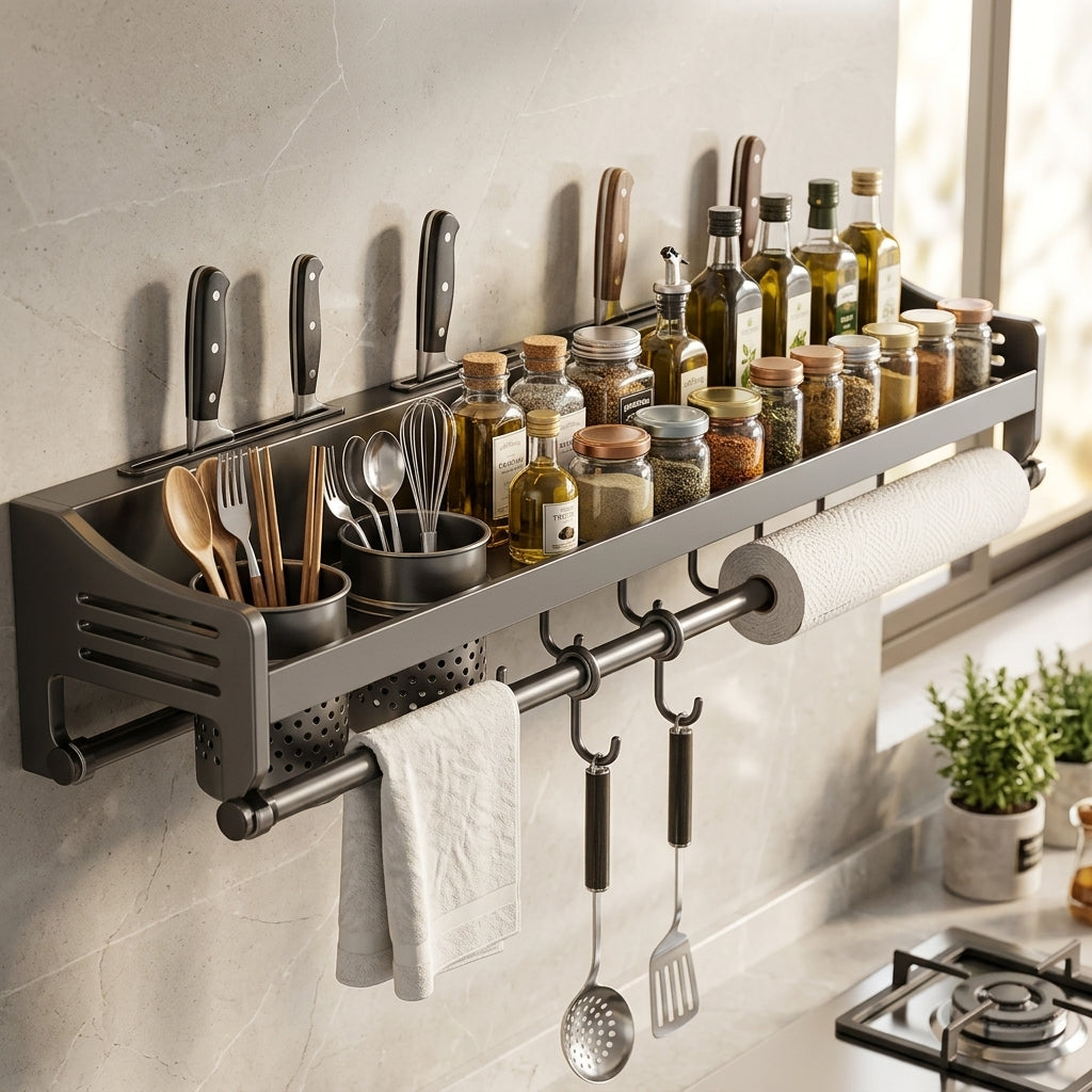 Wall-Mounted Kitchen Utensil Rack - Hanging Shelf with Hooks & Towel Bar