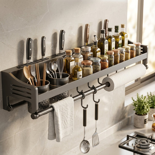 Wall-Mounted Kitchen Utensil Rack - Hanging Shelf with Hooks & Towel Bar