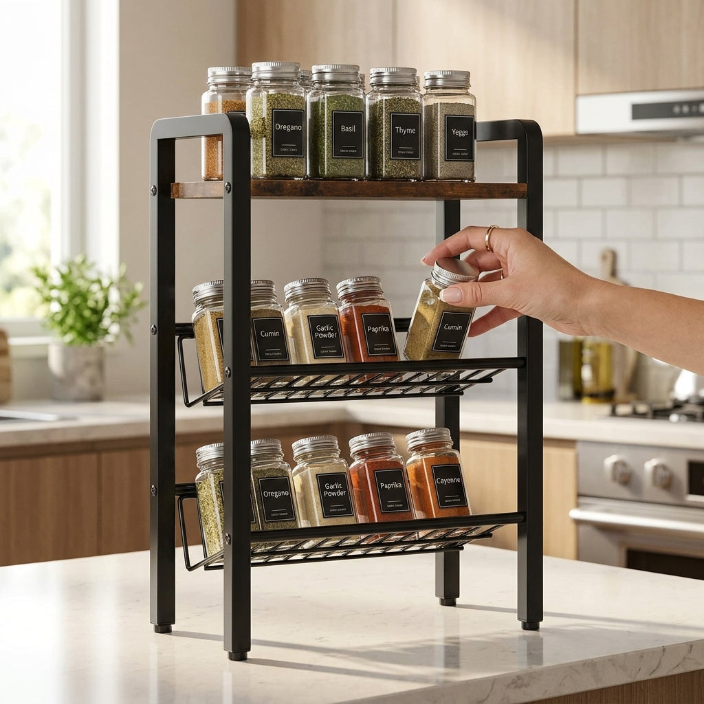 Spice Rack Organizer - 3-Tier Countertop & Cabinet Shelf Storage