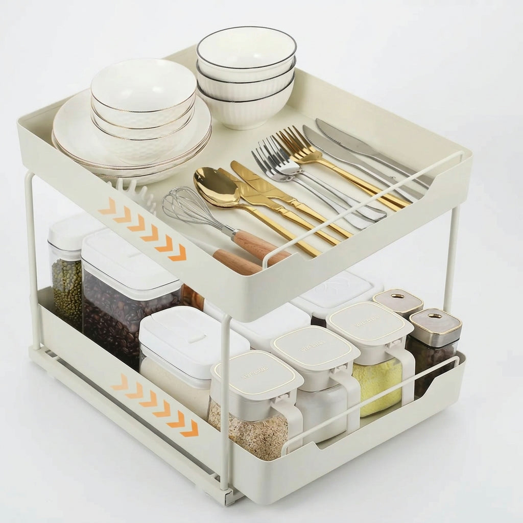 Expandable Pull-Out Cabinet Organizer - Heavy-Duty Slide-Out Kitchen Drawer Shelf