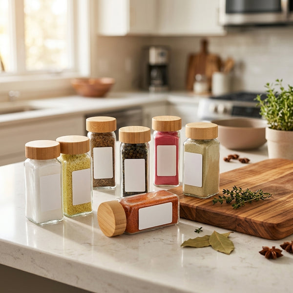 Glass Spice Jar Set - 12 Shaker Bottles with Bamboo Lids & Sprinkle Tops